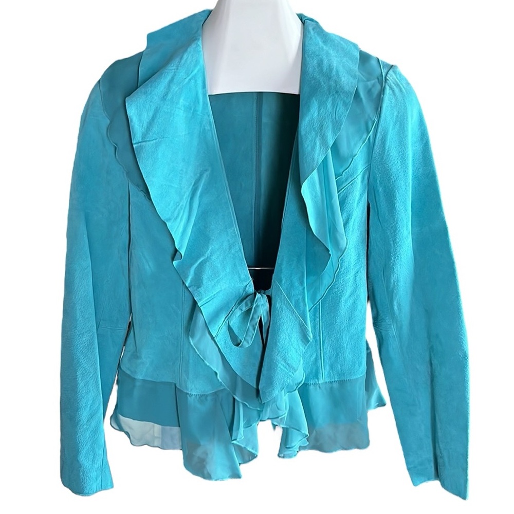 Dialogue Turquoise Ruffle Leather Jacket